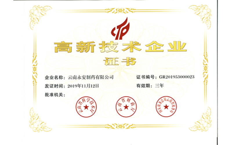高新技術(shù)企業(yè)證書(shū)（2019年）
